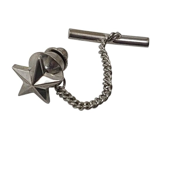 unbranded Other - Vintage Silver Star Tie Tack Lapel Pin with Safety Chain and Bar Military Style